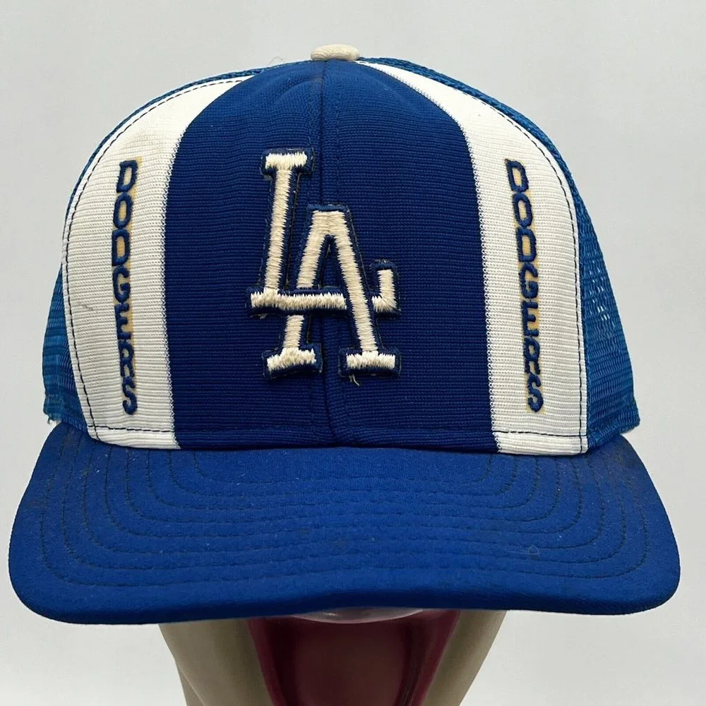 Vtg‎ AJD Lucky Stripes Los Angeles Dodgers Trucker Hat Blue White Snapback USA